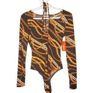 Intempo Chain Print Bodysuit Long Sleeve Tie Back Sexy Party Top S